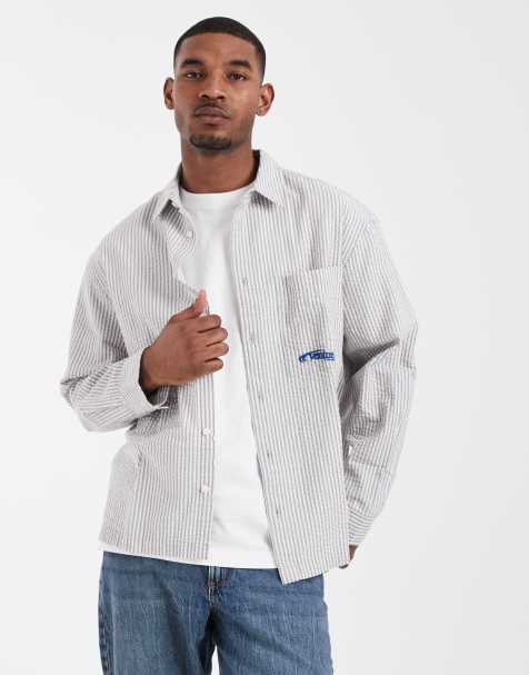 ASOS DESIGN oversized seersucker shirt with chest embroidery in gray stripes - view 1