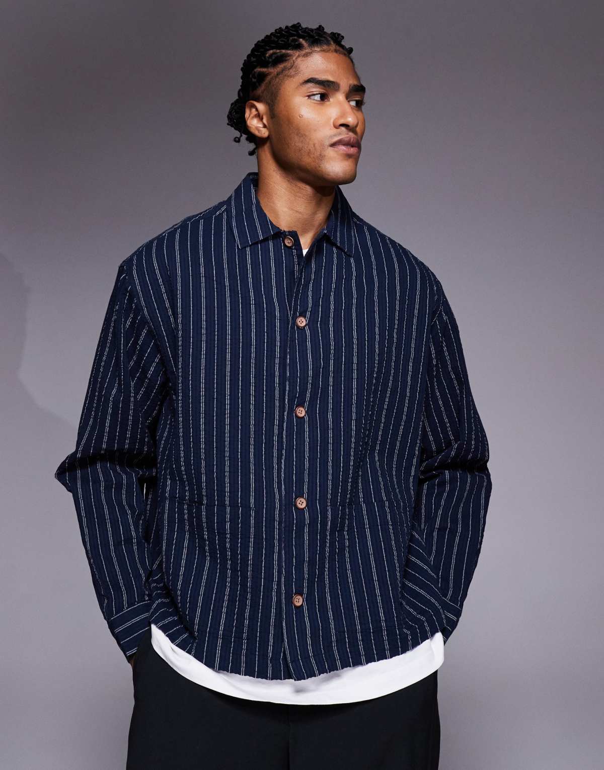 ASOS DESIGN oversized seersucker stripe shirt in navy