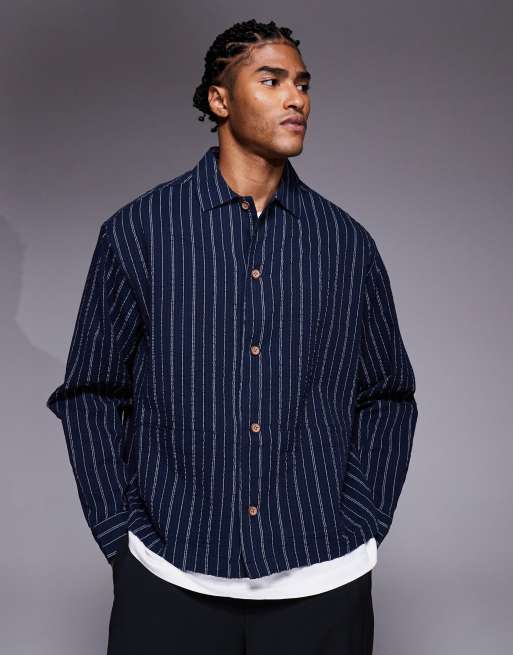 ASOS DESIGN oversized seersucker stripe shirt in navy