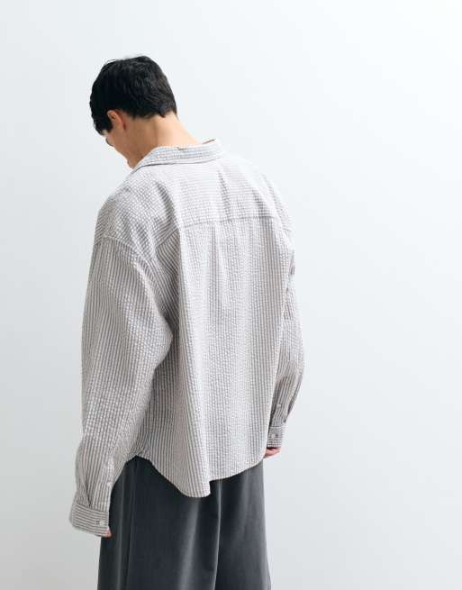 ASOS DESIGN oversized seersucker stripe shirt with chest embroidery in grey, 5 of 7