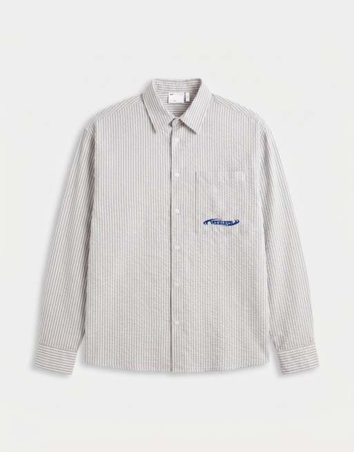 ASOS DESIGN oversized seersucker stripe shirt with chest embroidery in grey, 6 of 7