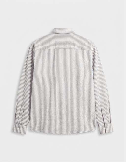 ASOS DESIGN oversized seersucker stripe shirt with chest embroidery in grey, 7 of 7