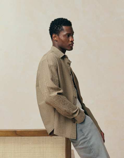 ASOS DESIGN oversized seersucker striped shirt in brown - view 1