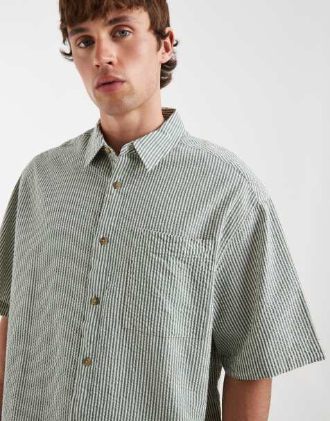 ASOS DESIGN oversized seersucker striped shirt in green - view 1