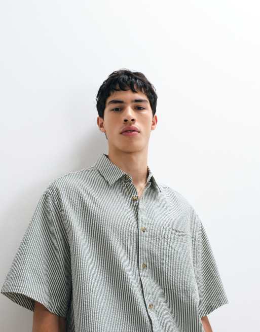 ASOS DESIGN oversized seersucker striped shirt in green, 4 of 5