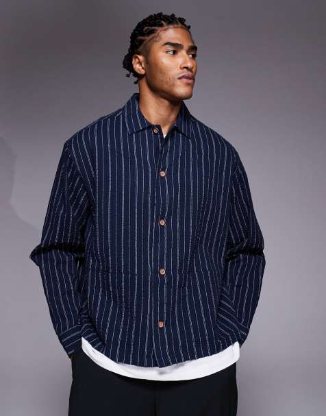 ASOS DESIGN oversized seersucker striped shirt in navy - view 1