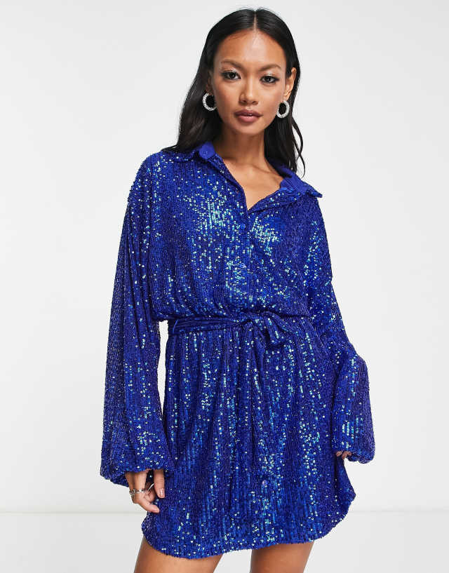 ASOS DESIGN oversized sequin mini shirt dress with belt in blue