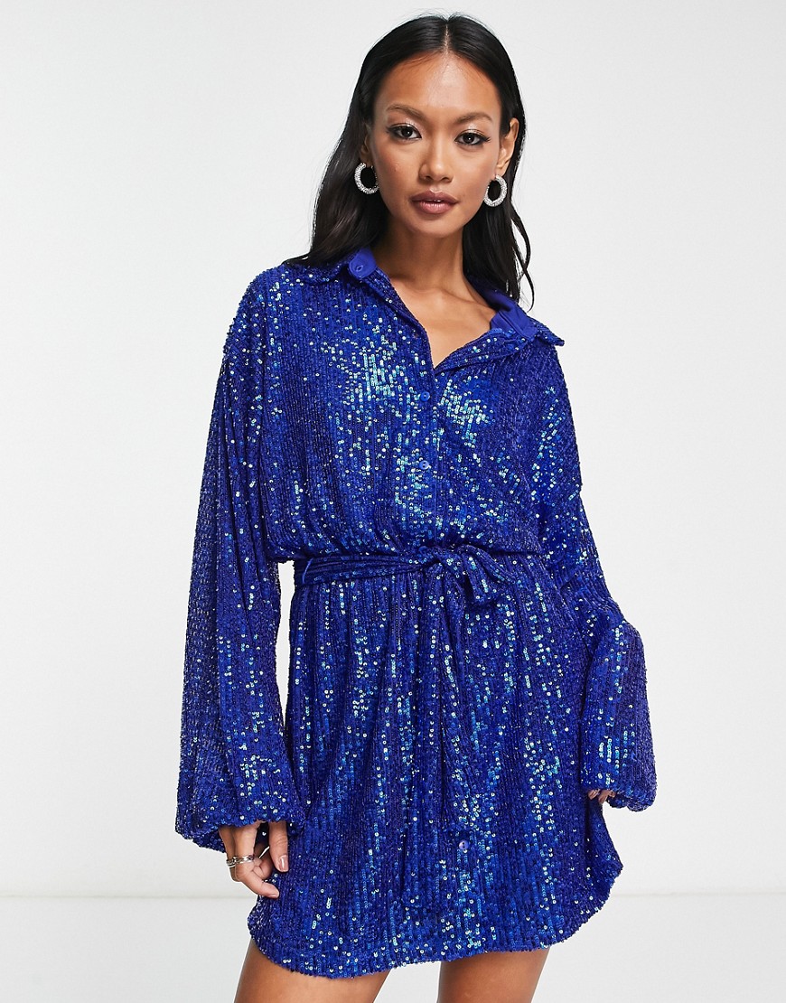ASOS DESIGN oversized sequin shirt mini dress with belt in blue