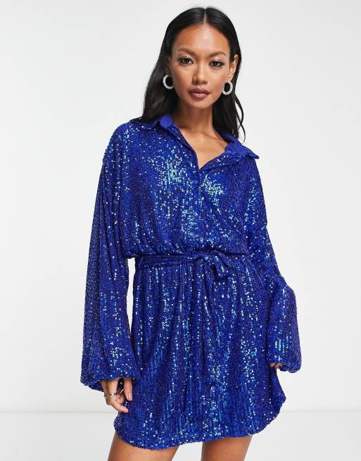 ASOS DESIGN oversized sequin shirt mini dress with belt in blue | ASOS