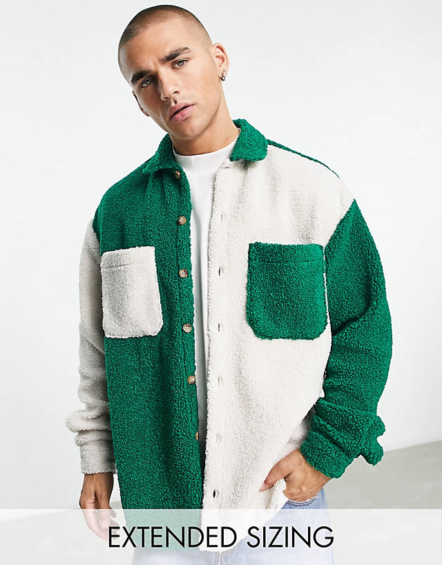 ASOS DESIGN - oversized shacket in borg green and white cut & sew