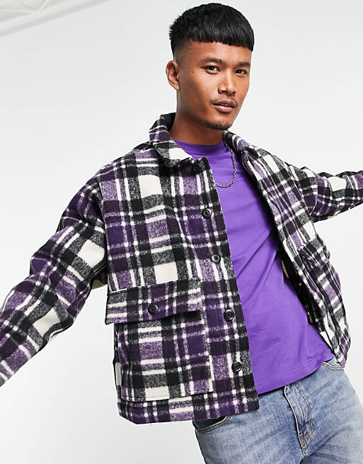ASOS DESIGN oversized shacket in brushed purple and black check