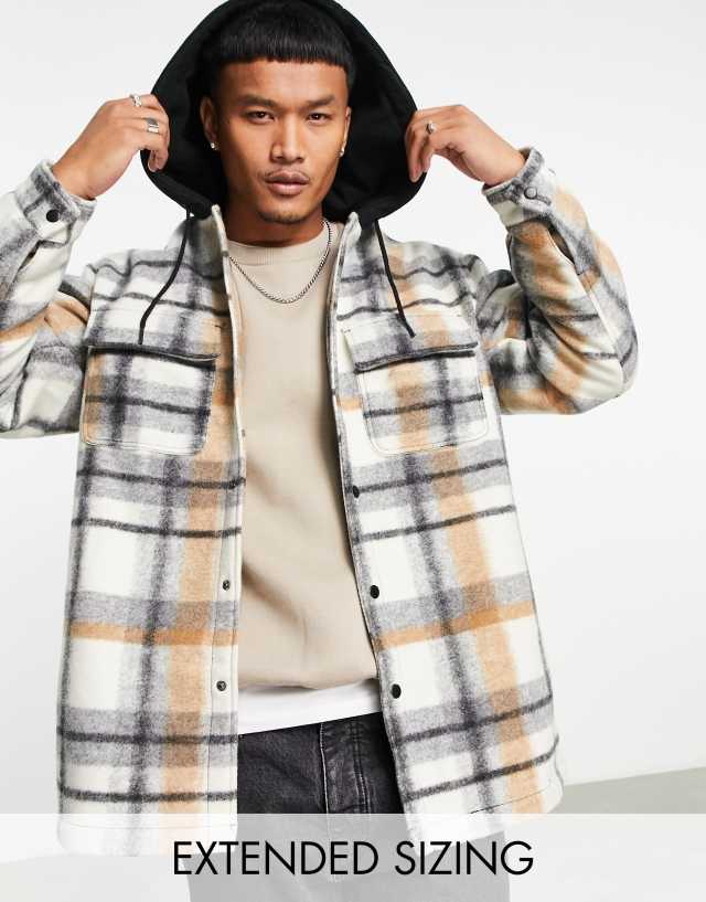 ASOS DESIGN oversized shacket in ecru check with hood