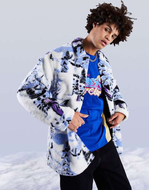 ASOS DESIGN oversized shacket in white borg with apres ski print detail