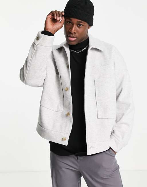 ASOS DESIGN - Oversized shacket met wollook in grijs