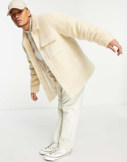 ASOS DESIGN - Oversized shacket van borg met doorgestikte voering in kiezelkleur