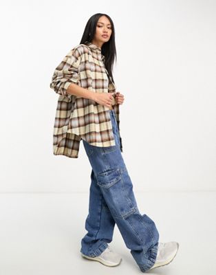 ASOS DESIGN oversized shacket with pockets in tan & blue check