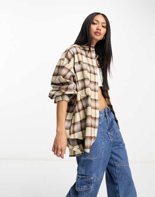ASOS DESIGN oversized shacket with pockets in tan & blue check, 3 of 4