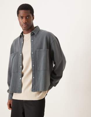 asos ASOS DESIGN oversized shacket with volume sleeve in charcoal cotton