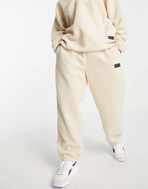 ASOS DESIGN oversized teddy fleece half zip sweatshirt and sweatpants set  in off-white