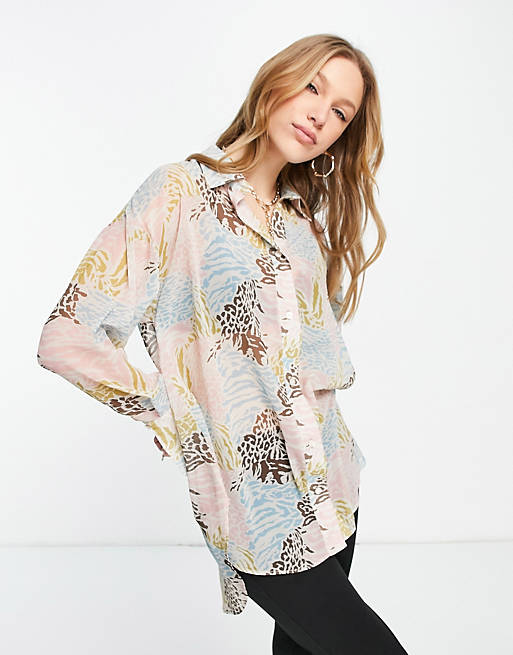  Shirts & Blouses/oversized sheer multi patched animal print shirt 