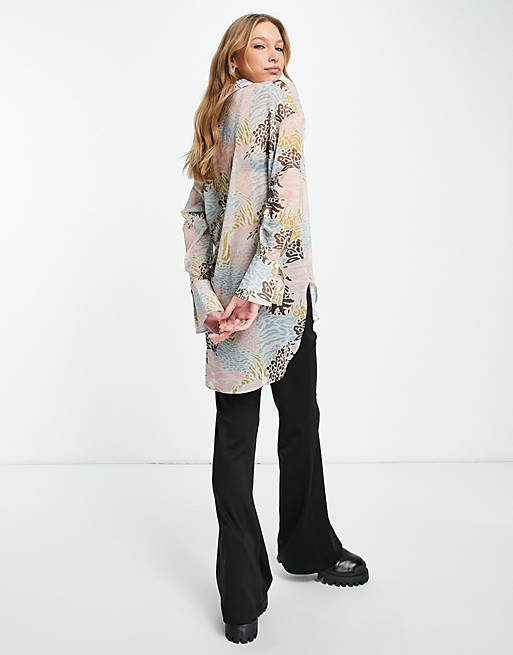  Shirts & Blouses/oversized sheer multi patched animal print shirt 