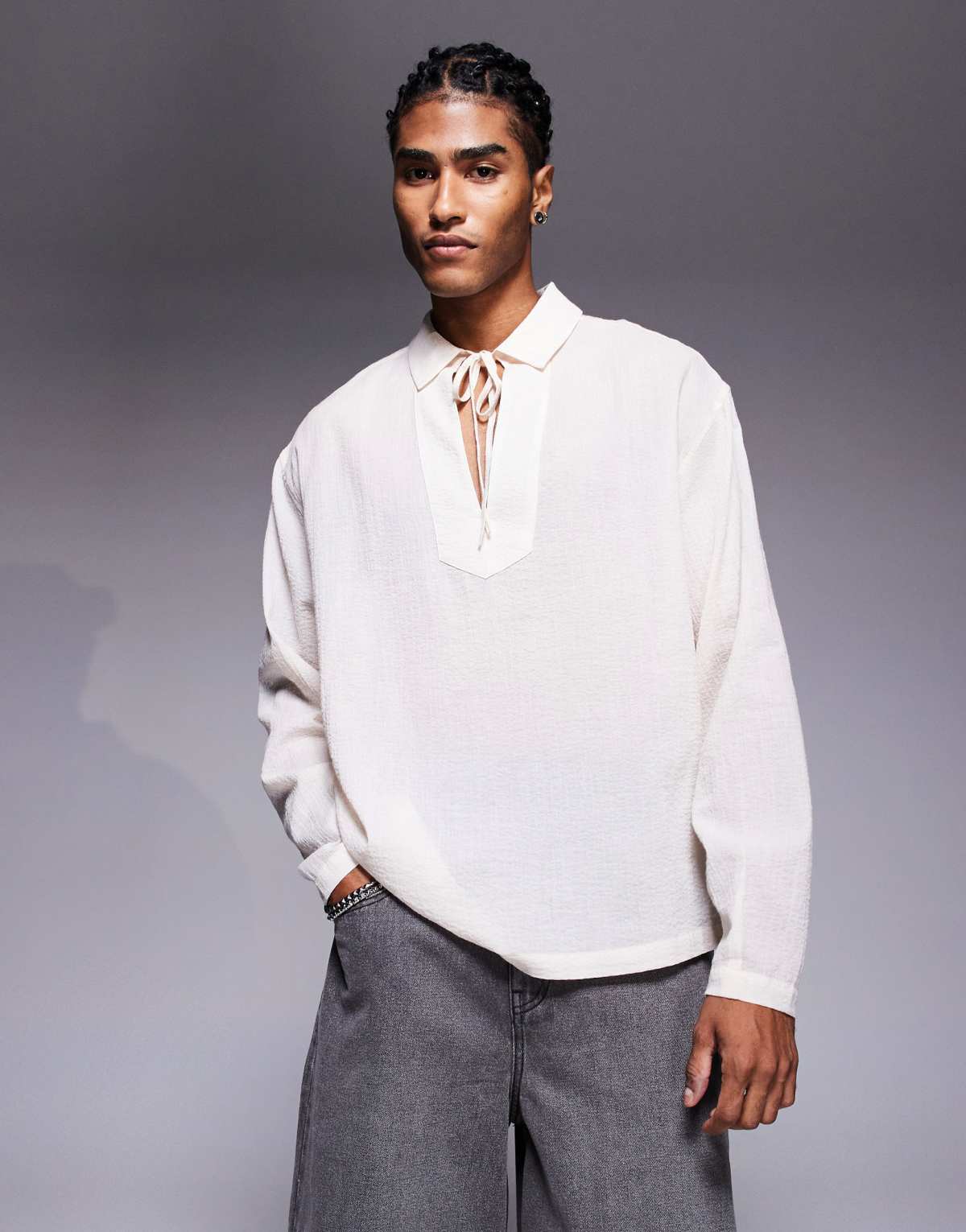 ASOS DESIGN oversized sheer overhead shirt with neck tie in ecru