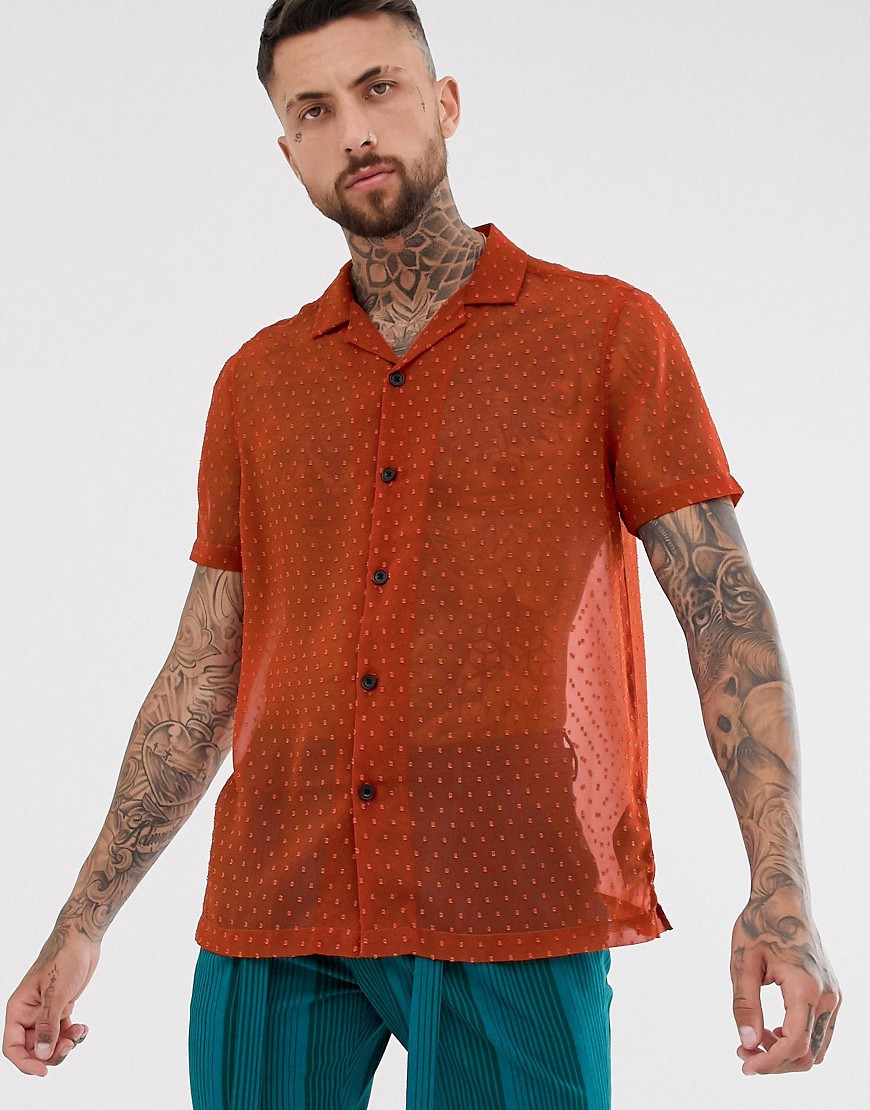 ASOS DESIGN oversized sheer shirt with textured spot in rust-Orange