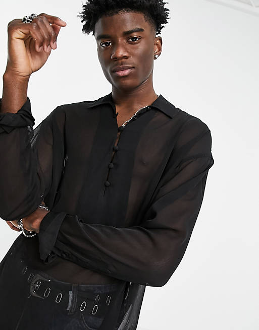ASOS DESIGN oversized sheer shirt with volume sleeve in black