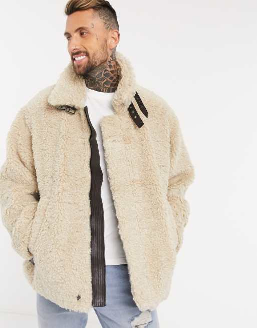 ASOS DESIGN oversized sherpa aviator jacket in stone