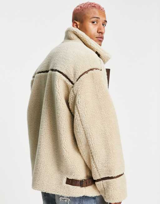 ASOS DESIGN oversized sherpa jacket with contrast taping in beige