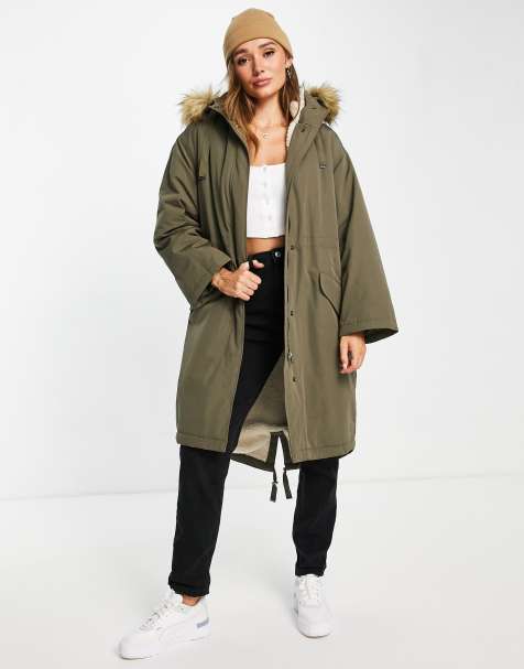 ASOS DESIGN oversized sherpa lined parka coat in dark khaki - view 1