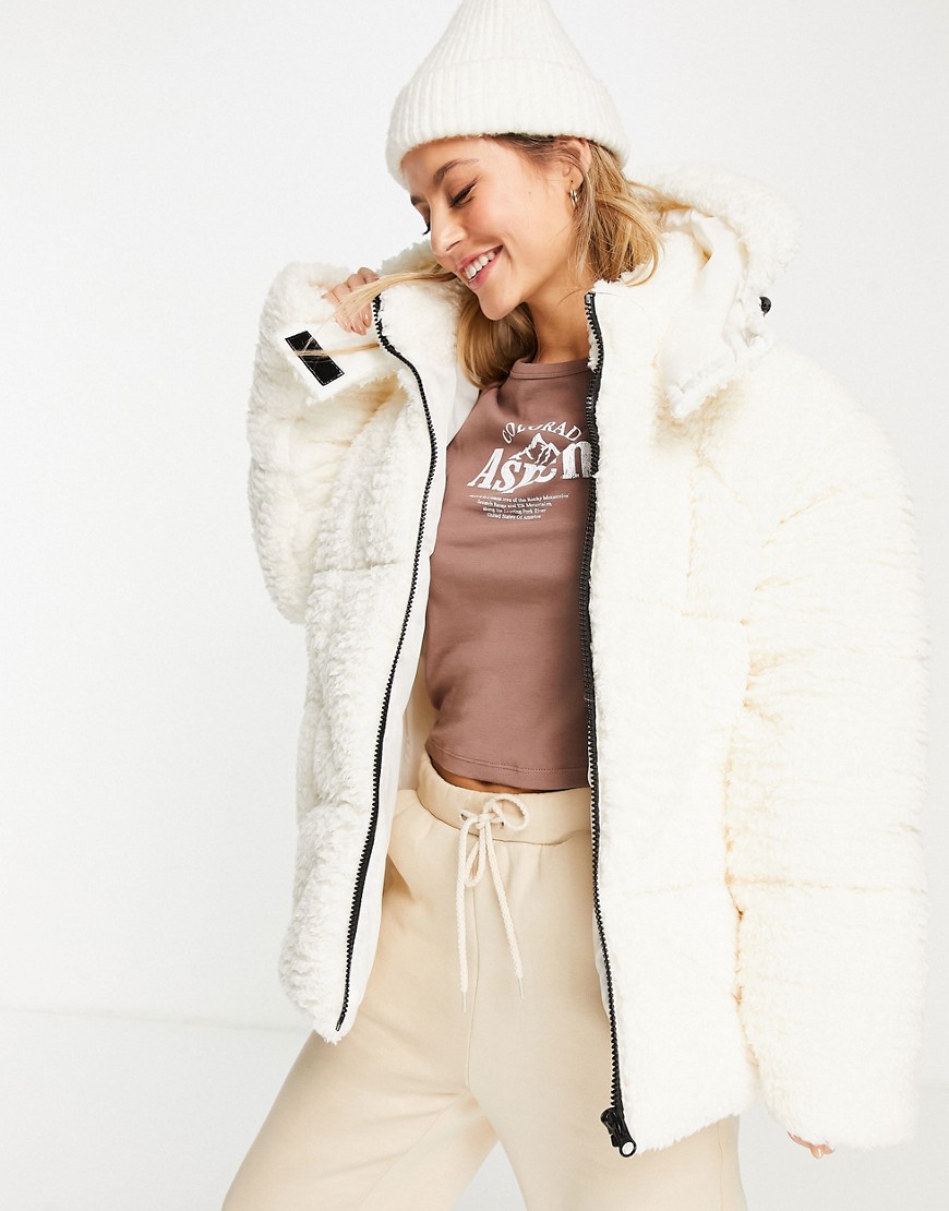 ASOS DESIGN oversized sherpa puffer coat in cream-White