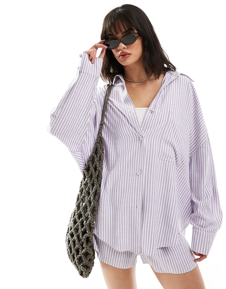 ASOS DESIGN oversized shirt co-ord in purple stripe