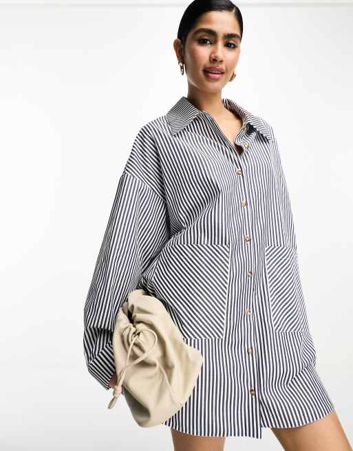 ASOS DESIGN oversized shirt dress with big dropped pockets in navy stripe