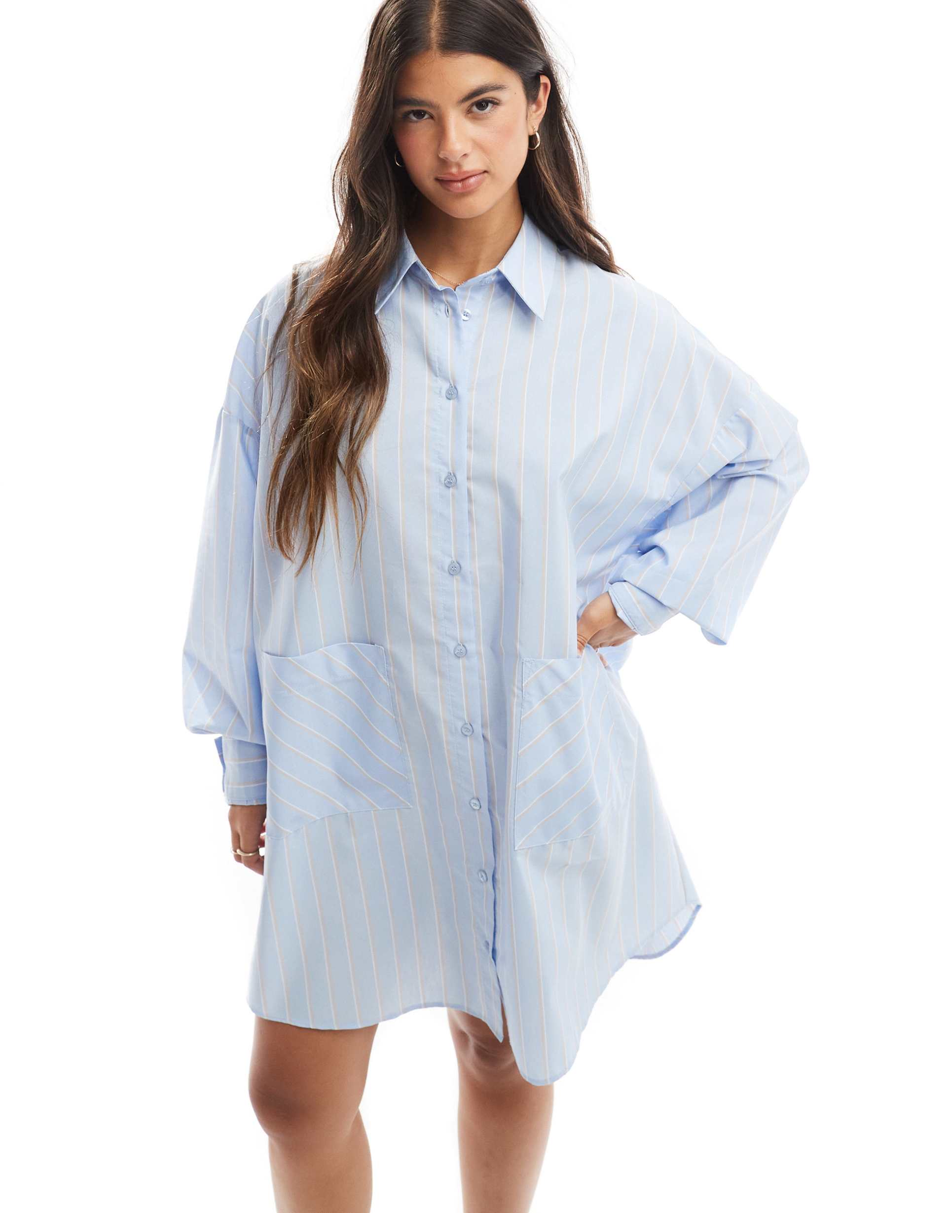 asos design oversized shirt dress with dropped pockets in blue and tan stripe