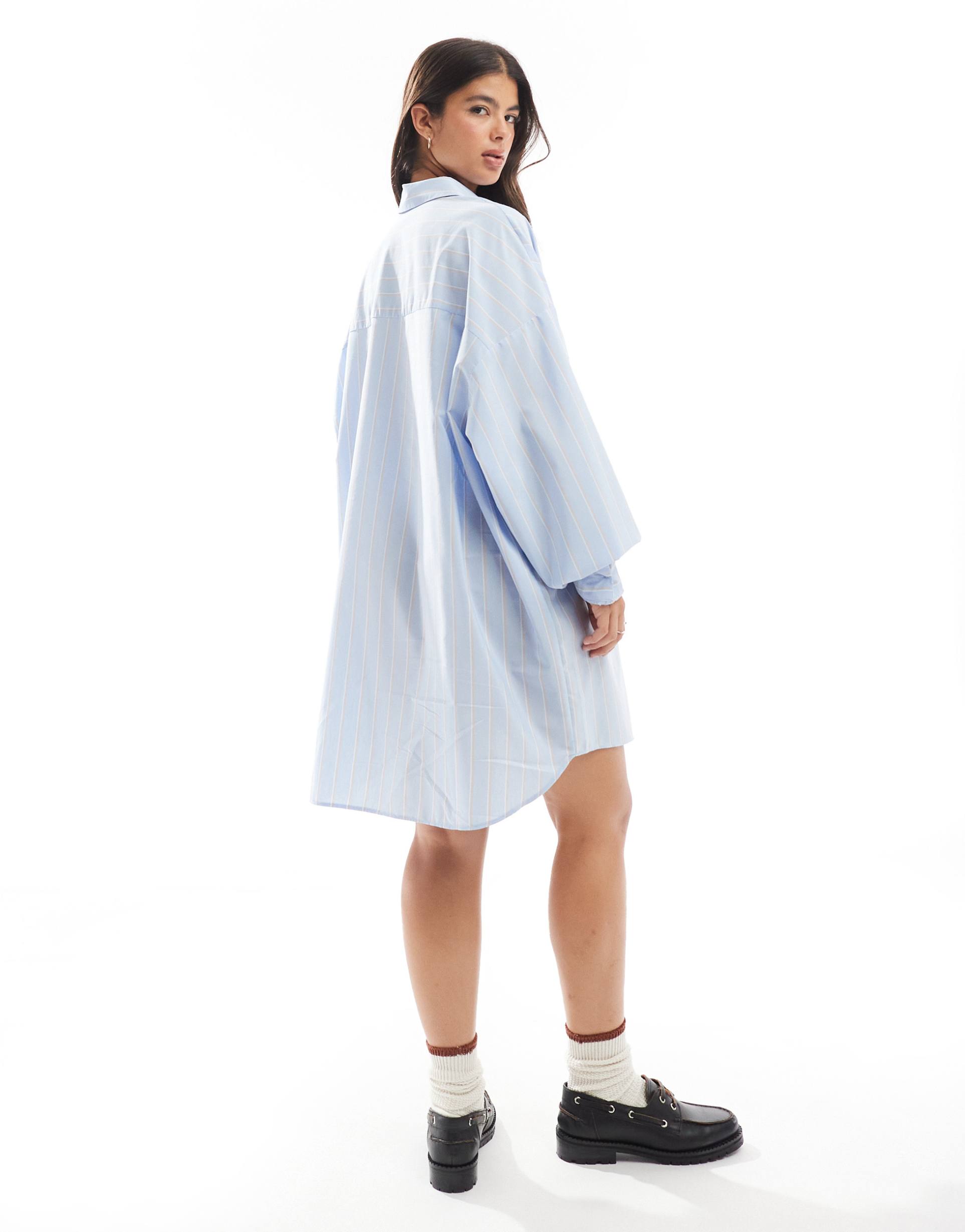 asos design oversized shirt dress with dropped pockets in blue and tan stripe