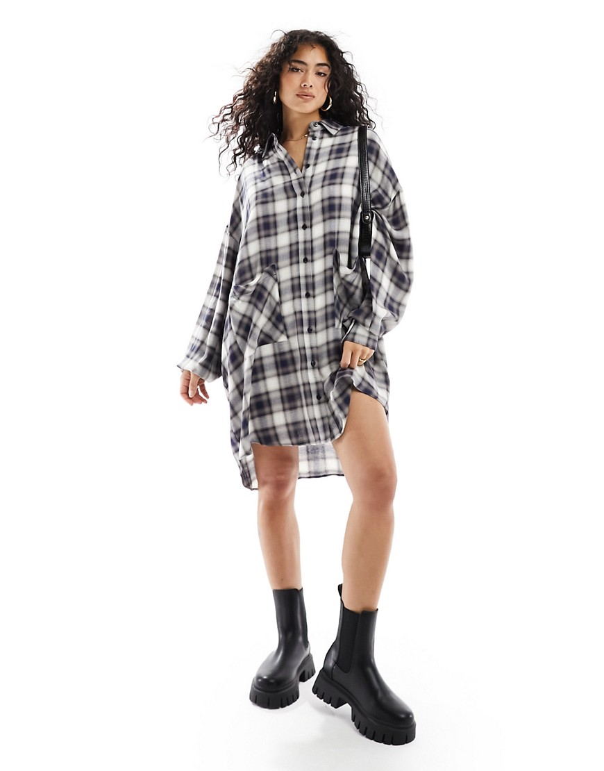 ASOS DESIGN oversized shirt dress with dropped pockets in blue check-Multi