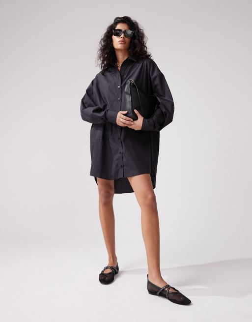 ASOS DESIGN oversized shirt dress with dropped pockets in midnight black, 2 of 4