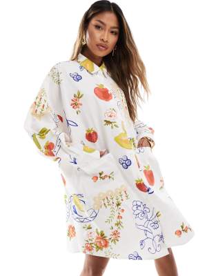 ASOS DESIGN oversized shirt dress with dropped pockets in postcard print |  ASOS