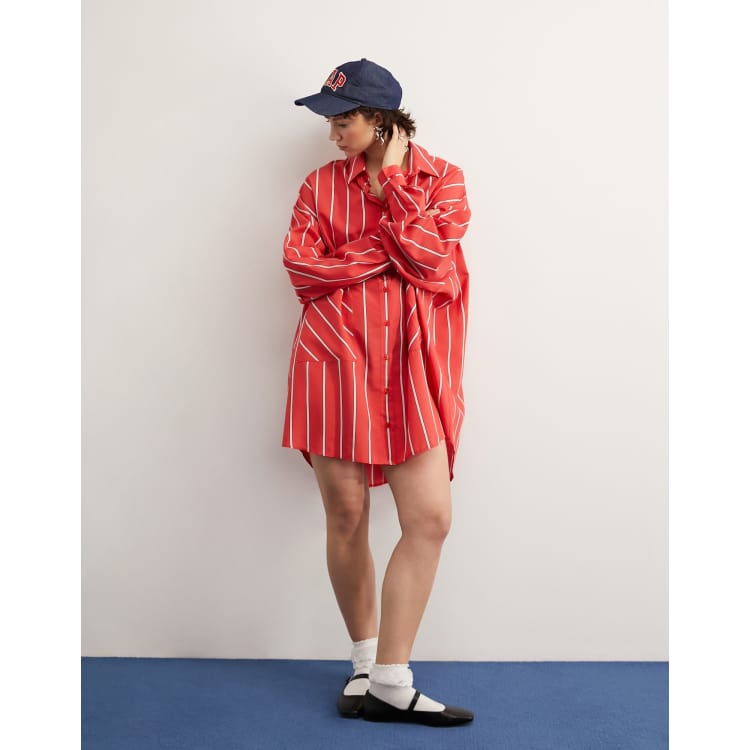 ASOS DESIGN oversized shirt dress with dropped pockets in red stripe