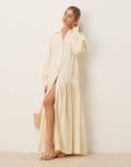 [ASOS DESIGN] ASOS DESIGN oversized shirt dress with volume sleeve and cutwork in ecru-White 16 Ecru