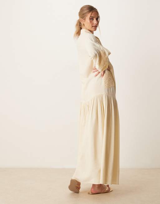 ASOS DESIGN oversized shirt dress with volume sleeve and cutwork in ecru
