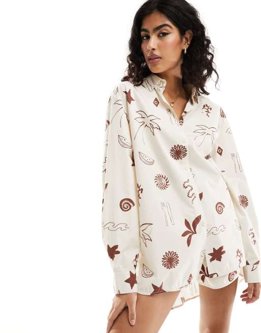 Asos Design Oversized Shirt In Brown Print Co Ord Asos