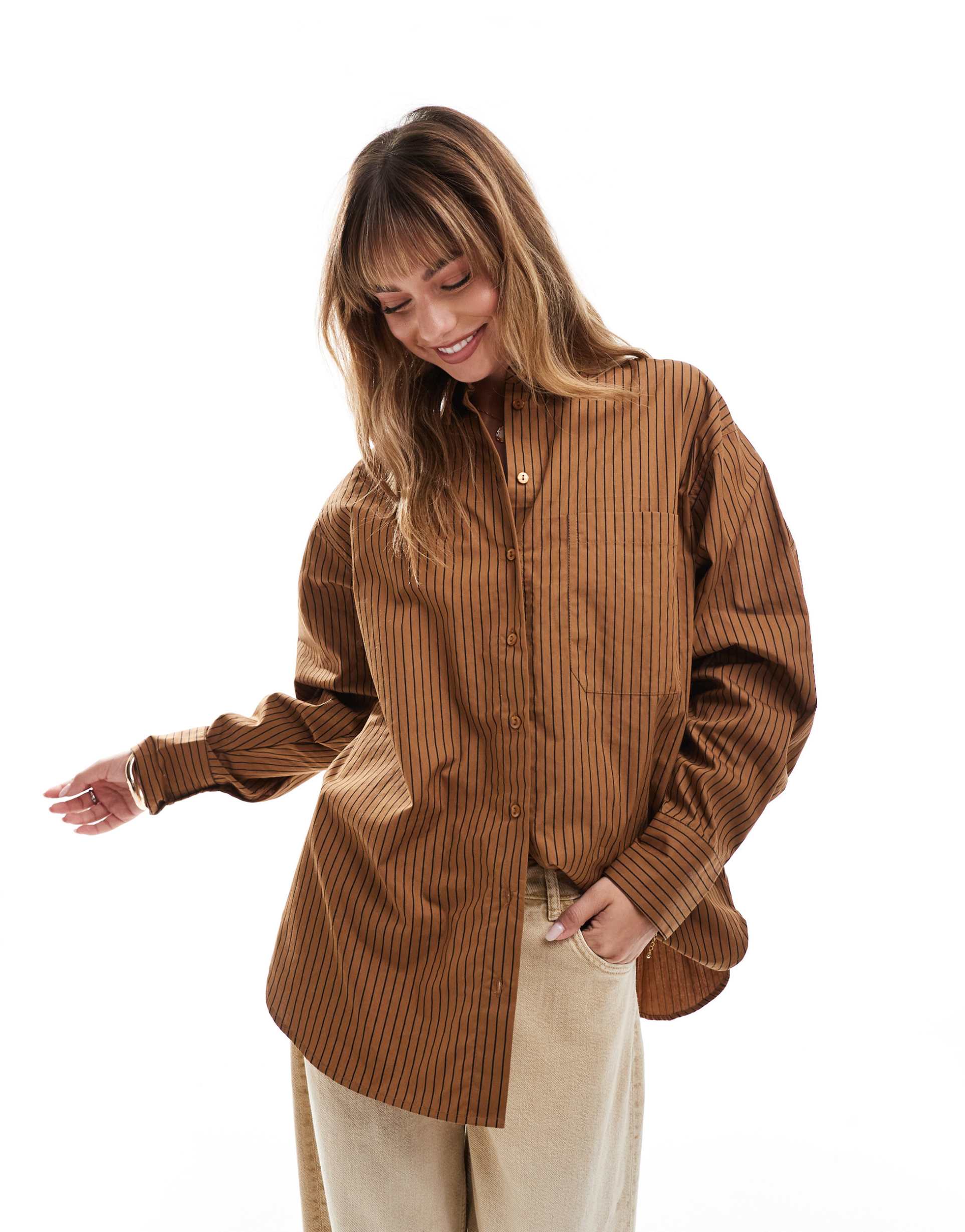 asos design oversized shirt in camel & black stripes