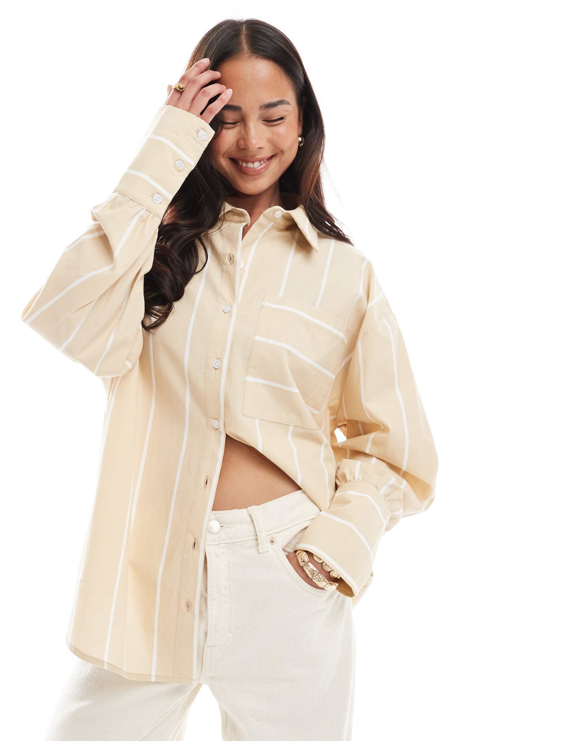 asos design oversized shirt in camel stripes