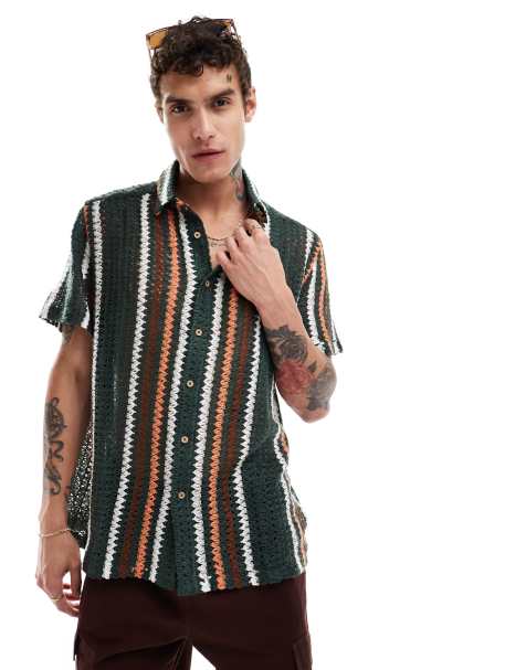 ASOS DESIGN oversized shirt in crochet stripe - DGREEN - view 1