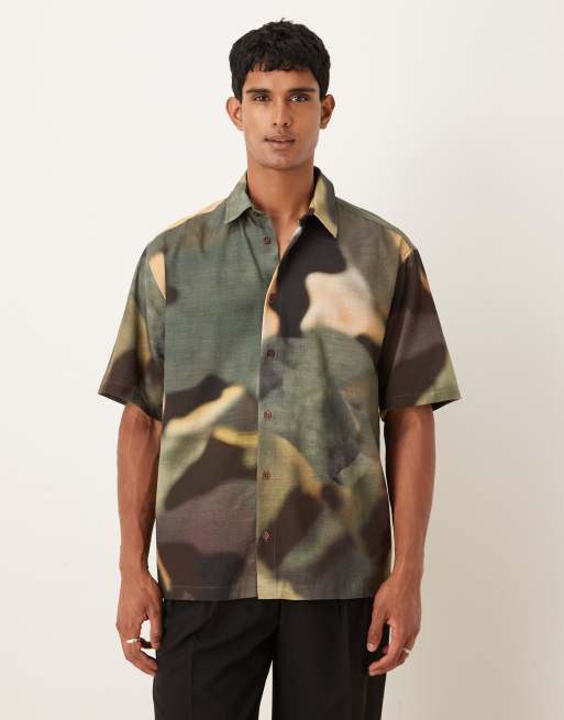 ASOS DESIGN oversized shirt in khaki abstract print