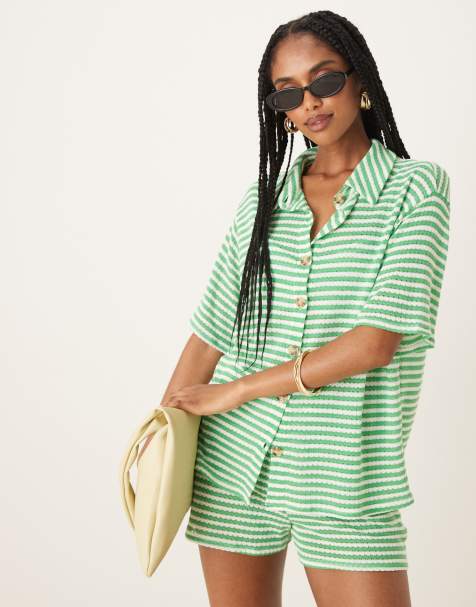 ASOS DESIGN oversized shirt in knitted green and white stripe (part of a set) - view 1