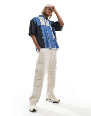 oversized shirt in mixed denim and twill cut and sew in multi