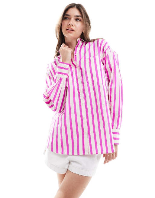 ASOS Design Oversized Shirt in Neon Pink stripe Multi